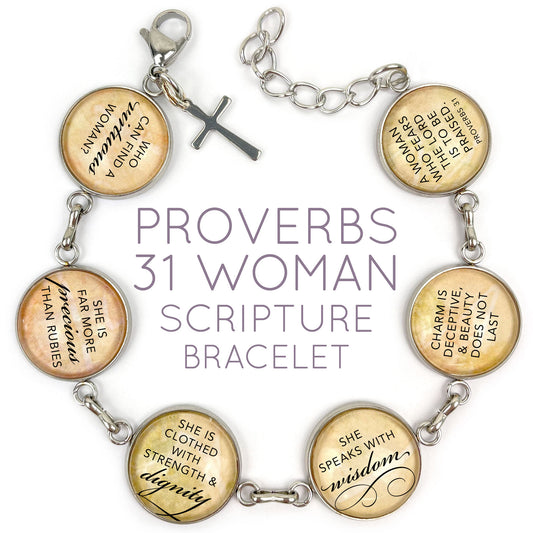 Proverbs 31 Woman Scripture Bracelet – Glass Charm Stainless Steel